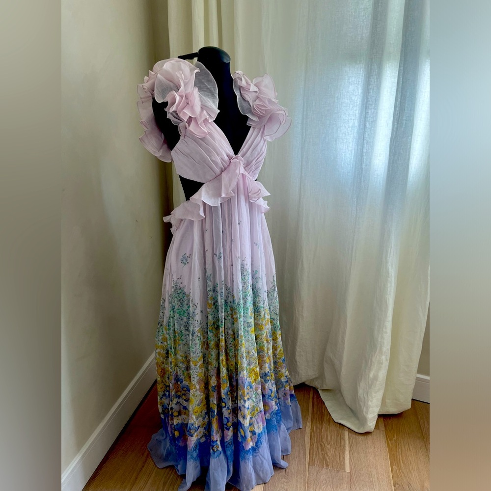 New Zimmermann Floral Ruffle Linen & Silk Gown Dress Sz 3, US 10